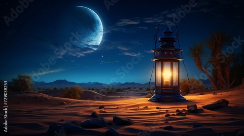 Traditional lantern glowing softly under a crescent moon in the desert