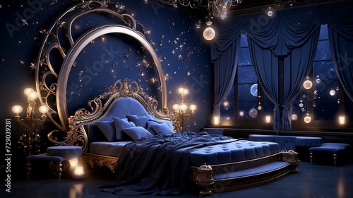 Celestial bedroom with a crescent moon bed and starry adornments