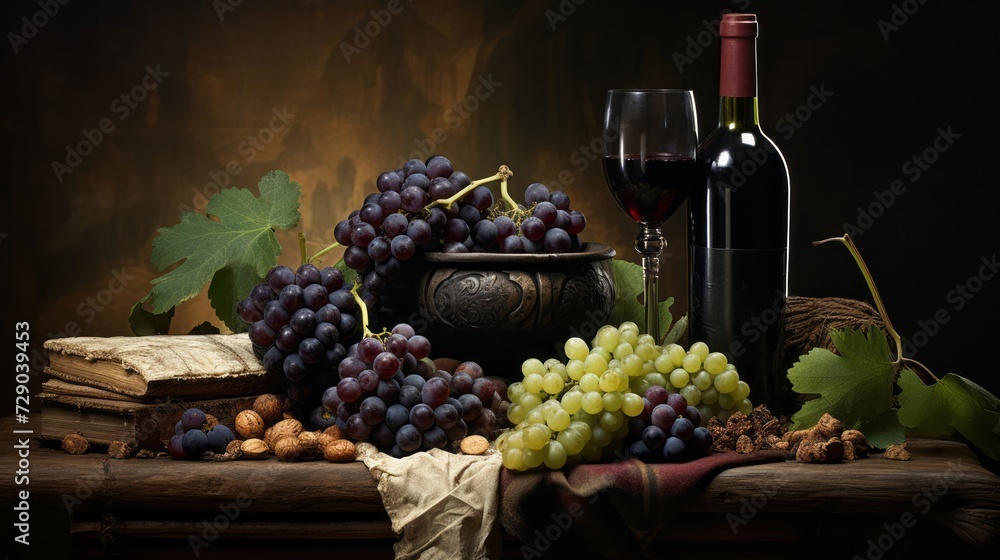 An artist's still life with wine elements, deep purple and green hues, and a backdrop of old parchment
