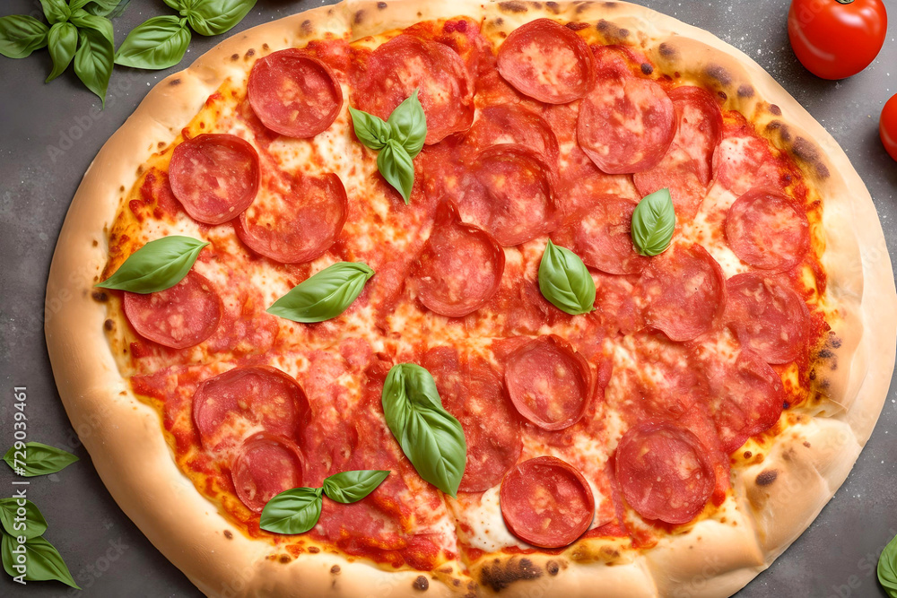 Pizza with salami and tomatoes, AI generated. Pizza with salami and tomatoes, AI generated.