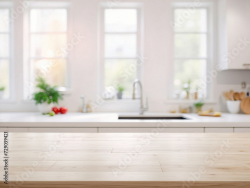 Empty wood table with blurred modern kitchen room background  White color kitchen for displaying product