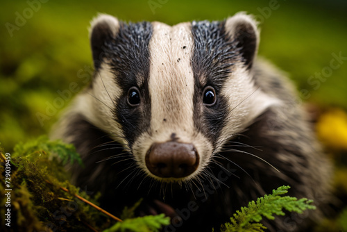 Close up of cute wild badger in forest