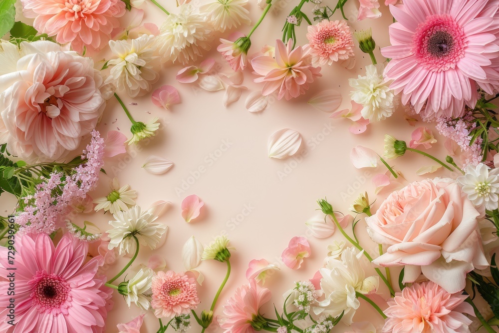 Floral composition on a soft pink background, space for text, concept of Valentine Day, Mother Day, Women Day, wedding day