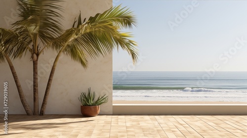 Sharp palm shadows on a sandy wall  bright noon light  with a view of the ocean horizon