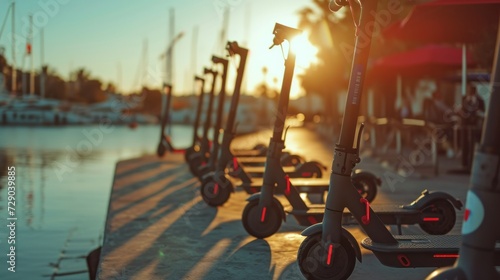 Electric scooters for rent standing in the park.