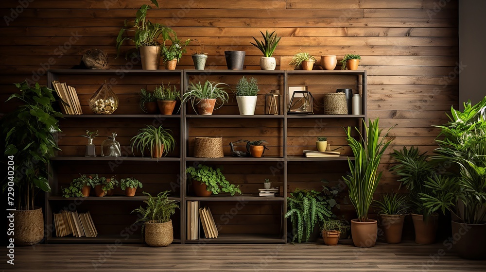 Warm wooden textured wall, a small indoor garden on shelving, in a homely atmosphere Warm wooden textured wall, a small indoor garden on shelving, in a homely atmosphere