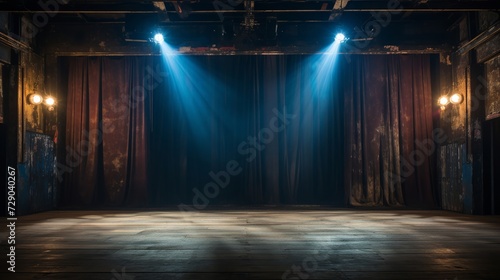 Backstage theater with vintage spotlights, deep blue curtains, and a wooden stage floor photo