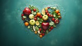 Floating fruits and vegetables in a heart shape, on a soft teal background, in natural light