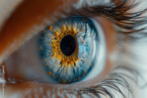 A striking blue eye, with vibrant yellow irises framed by delicate eyelashes, capturing the essence of this complex and mesmerizing organ photo