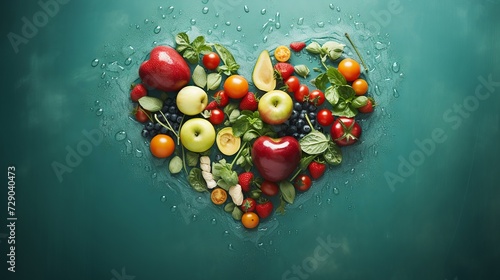 Floating fruits and vegetables in a heart shape, on a soft teal background, in natural light