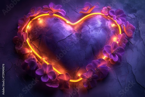 Neon heart outline with purple flowers on a textured wall background.