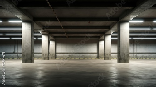 Underground parking garage with soft diffused light creating a pattern on the concrete, empty and echoing with stillness
