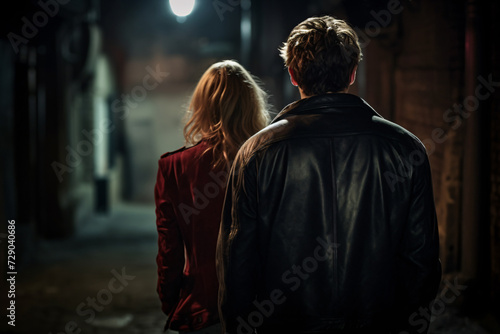 Back view of man walking behind woman in dark street at night
