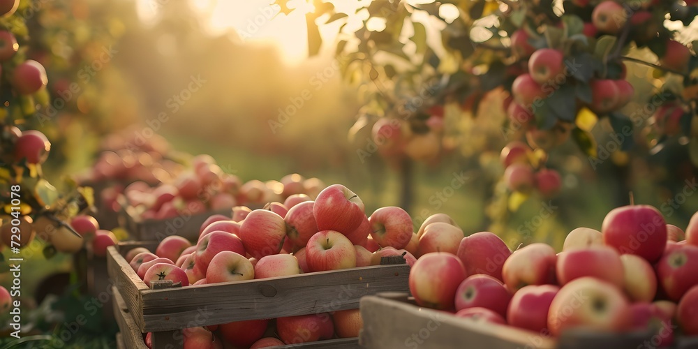 Bountiful apple harvest in rustic orchard at sunset. wooden crates overflowing with fresh fruit. ideal for farming and autumn themes. AI - obrazy, fototapety, plakaty 