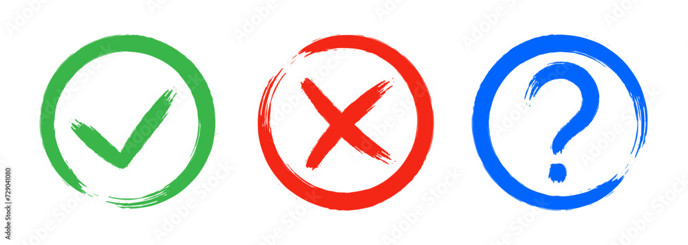 Dirty grunge cross x, tick OK and question check marks in check boxes, hand drawn with brush strokes vector illustration isolated on white background. Question mark, symbol NO, YES web button for vote Dirty grunge cross x, tick OK and question check marks in check boxes, hand drawn with brush strokes vector illustration isolated on white background. Question mark, symbol NO, YES web button for vote