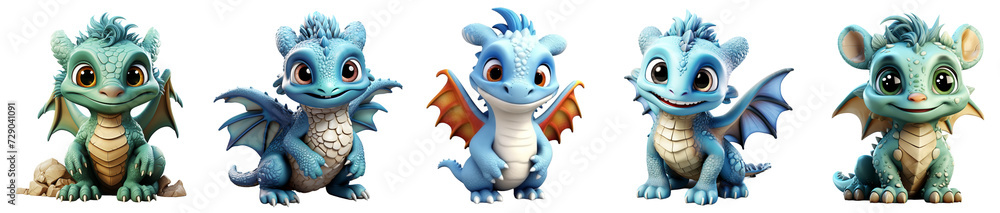collection of 3d illustrations of cute baby dragon cartoon characters with cutout designs, generative ai