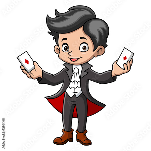 Cute little magician boy cartoon playing a cards