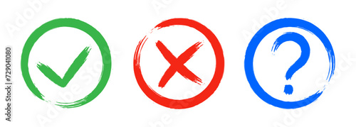 Dirty grunge cross x, tick OK and question check marks in check boxes, hand drawn with brush strokes vector illustration isolated on white background. Question mark, symbol NO, YES web button for vote