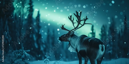 Majestic reindeer in a snowy winter forest at night. serene nature scene with wildlife. perfect for winter themes and holiday backgrounds. AI
