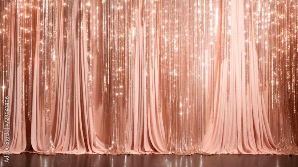 Glitter peach curtains reveal show grand opening stage, Fringe for Wedding Decoration, Birthday Party, Christmas Decoration, New Year's Eve - obrazy, fototapety, plakaty 