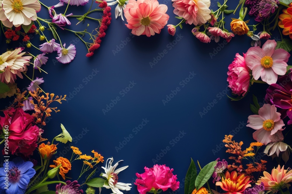 Floral composition on a navy blue background, space for text, concept of Valentine Day, Mother Day, Women Day, wedding day Floral composition on a navy blue background, space for text, concept of Valentine Day, Mother Day, Women Day, wedding day