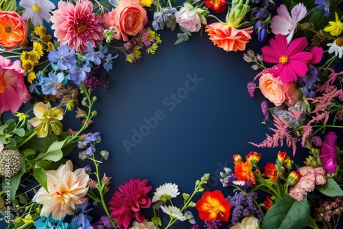Floral composition on a navy blue background, space for text, concept of Valentine Day, Mother Day, Women Day, wedding day