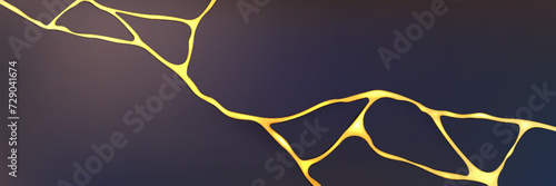 Golden kintsugi crack pattern on gray background. Vector realistic illustration of broken stone, marble, concrete surface, abstract yellow breakage lines, mosaic design effect, japanese repair style