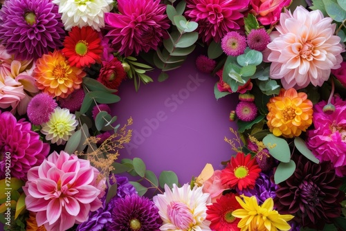 Floral composition on a purple background  space for text  concept of Valentine Day  Mother Day  Women Day  wedding day