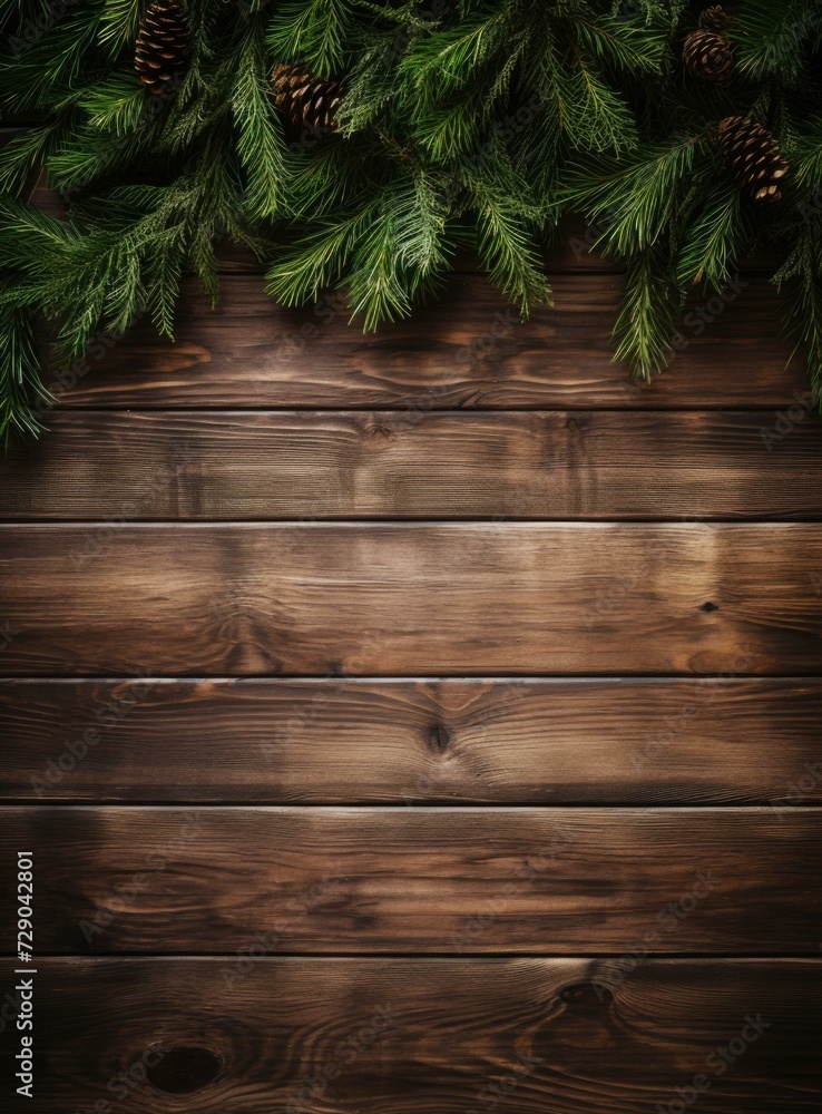 Fototapeta premium Christmas background with fir branches and pine cones on wooden background. Generative AI.