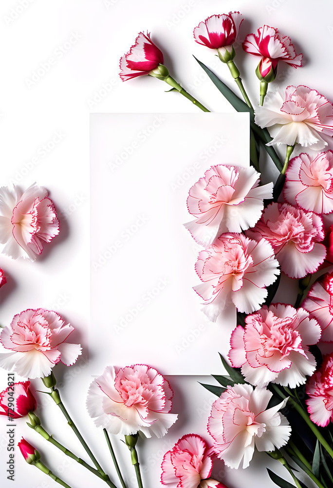 Obraz premium Bouquet of pale pastel carnation flowers. Spring image. Design for message cards with blank spaces for Easter, birthdays, anniversaries, Mother's Day, birthdays, celebrations, etc.