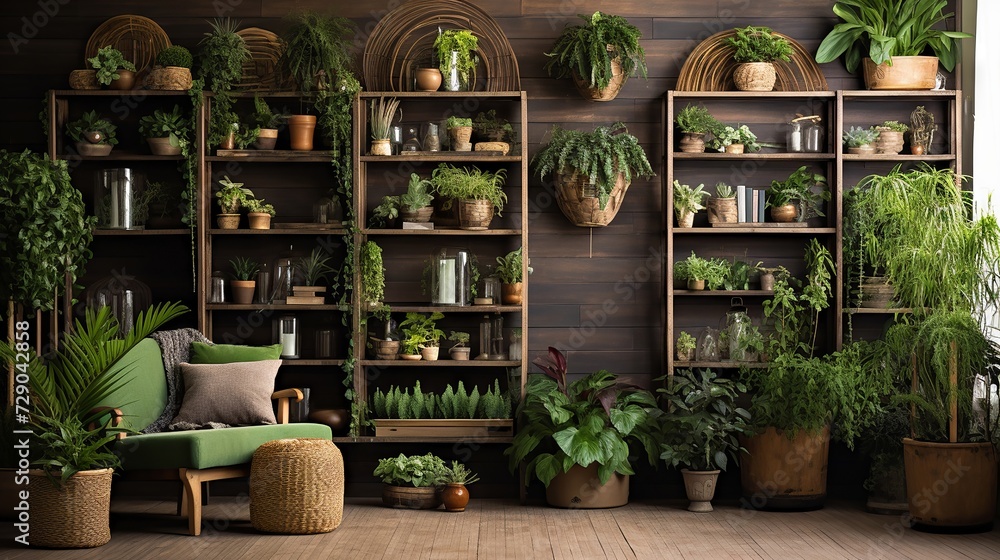 Rustic wooden wall with decorative plants on shelves, a woven planter on the floor, cozy ambiance Rustic wooden wall with decorative plants on shelves, a woven planter on the floor, cozy ambiance