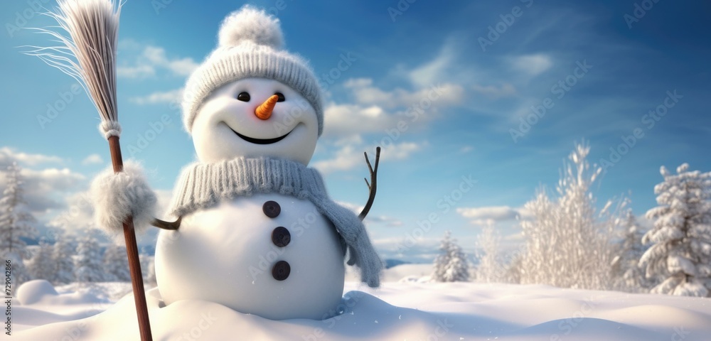 Obraz premium A snowman with a broom and hat in the snow. Generative AI.