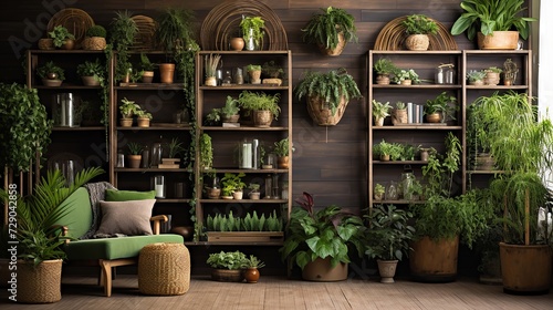 Rustic wooden wall with decorative plants on shelves, a woven planter on the floor, cozy ambiance