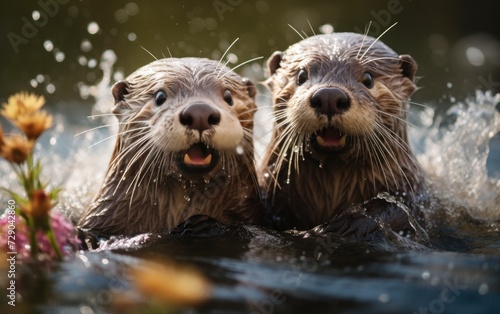 Playful River Otters in Freshwater Stream Splash © Umar