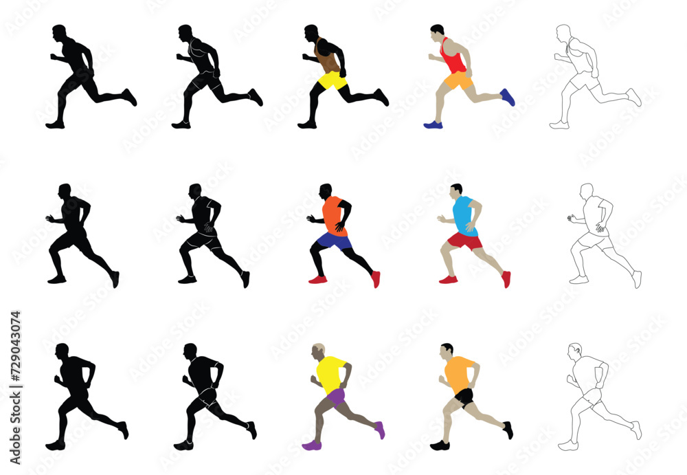Male runner. Set of vector isolated male runner characters.