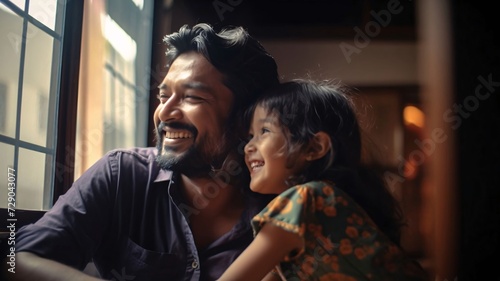 Smiling father with his daughter looking out the window. Valentine's Day as a day symbol of affection and love.