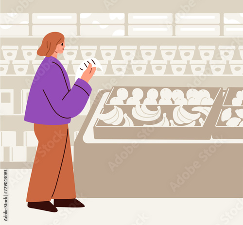 Consumer with shopping list in grocery store. Woman customer with paper plan in supermarket, greengrocery, fruit department. Female buyer, shopper choosing food products. Flat vector illustration