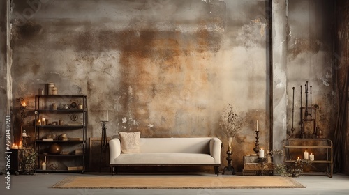 Photographer's studio with classic lighting equipment, a backdrop of weathered canvas, and a soft golden hue