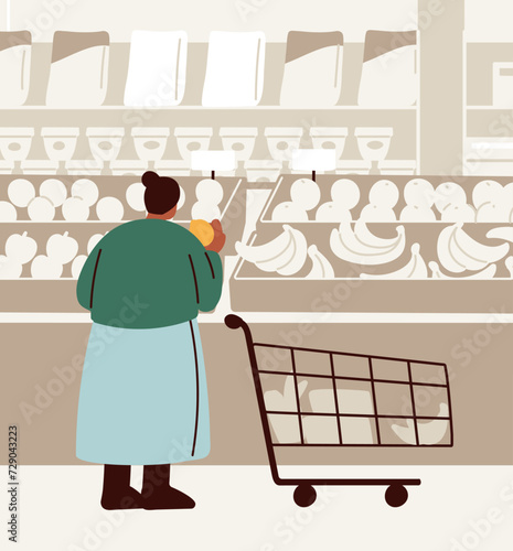 Customer shopping at grocery. Consumer choosing fruit at department store. Buyer with hypermarket cart, trolley in supermarket. Black woman buying food at greengrocery. Flat vector illustration