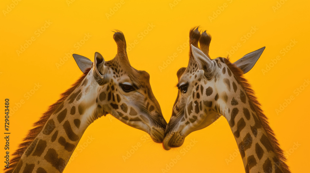 Two giraffes lock eyes, facing each other in profile, against a vibrant yellow backdrop