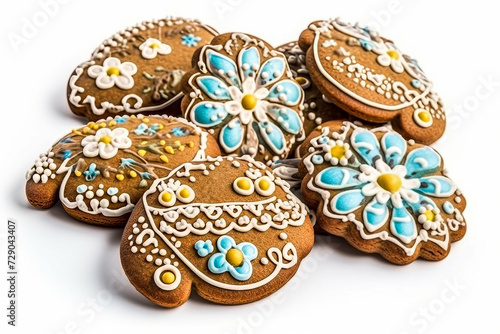 Beautiful Easter gingerbread with icing on white background, Easter cookies