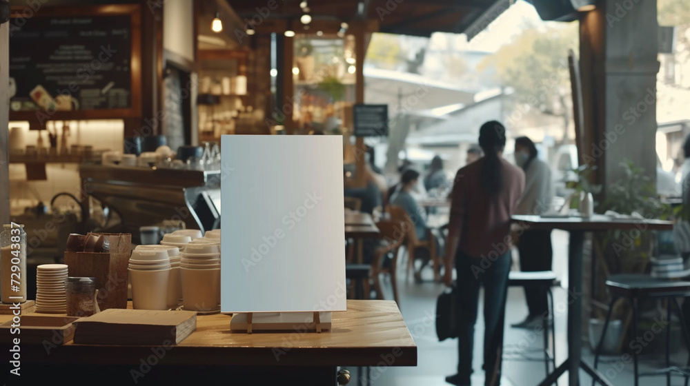 Fototapeta premium Blur coffee shop in the morning background with blank ad frame for advertise product.