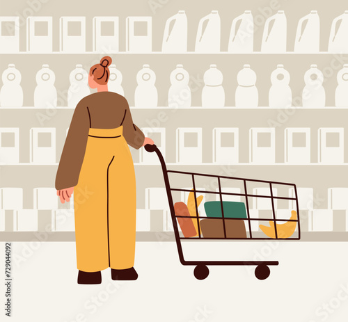Customer in supermarket. Woman consumer shopping in hypermarket. Female character standing with cart, trolley, choosing product on store shelf, making choice, purchase. Flat vector illustration