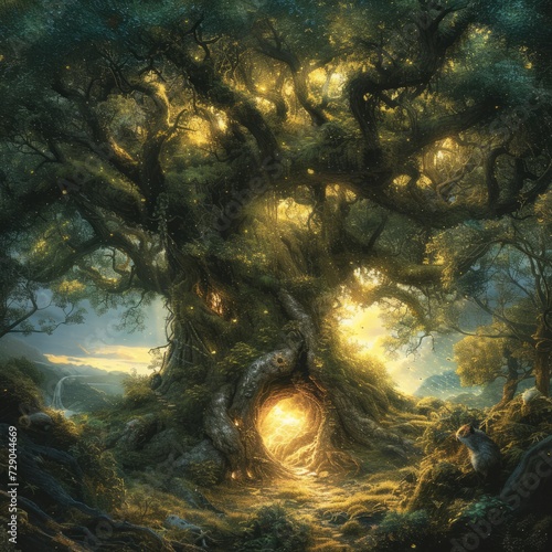 Depict ancient, sprawling forests filled with magical creatures, glowing plants, and hidden portals to other worlds, emphasizing the mystery and wonder of nature.