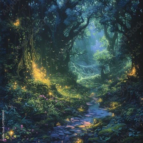 Depict ancient, sprawling forests filled with magical creatures, glowing plants, and hidden portals to other worlds, emphasizing the mystery and wonder of nature.