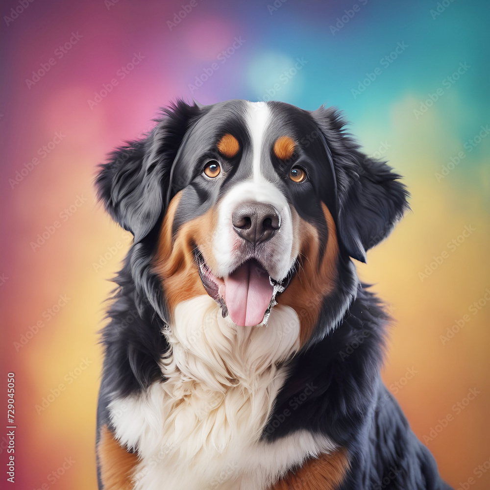 Funny Bernese mountain dog on color background. Ai Generated.