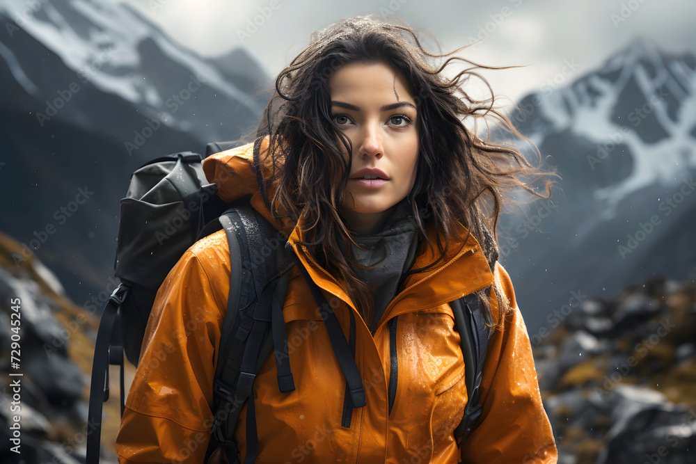 beautiful young woman tourist with a backpack in an orange jacket on a hike in the mountains. tourism and outdoor travel. beautiful young woman tourist with a backpack in an orange jacket on a hike in the mountains. tourism and outdoor travel.