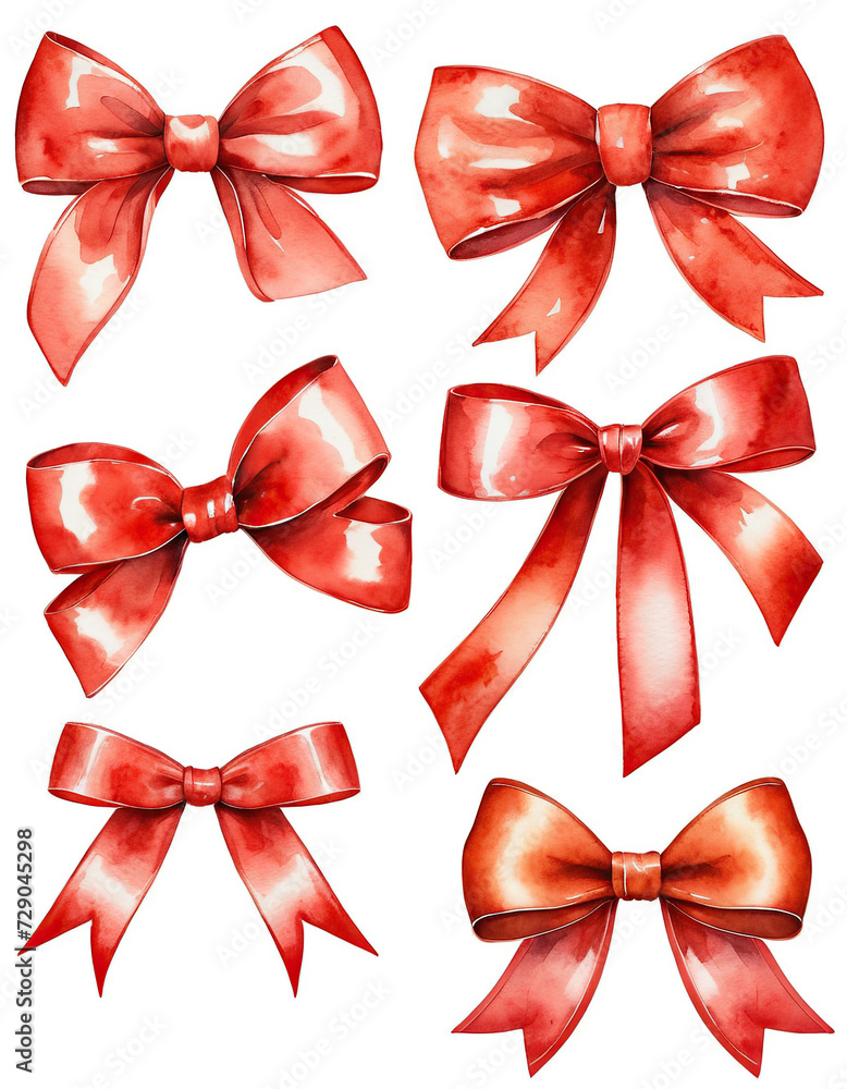watercolor drawing Set of red ribbon satin bows isolated on white background