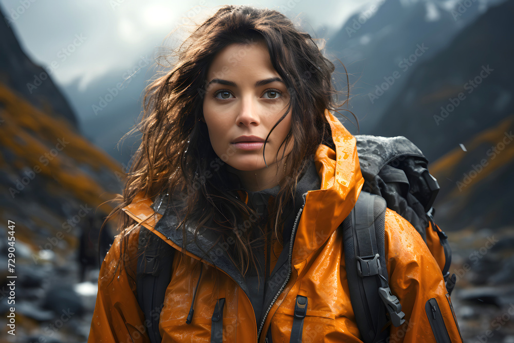 beautiful young woman tourist with a backpack in an orange jacket on a hike in the mountains. tourism and outdoor travel. beautiful young woman tourist with a backpack in an orange jacket on a hike in the mountains. tourism and outdoor travel.