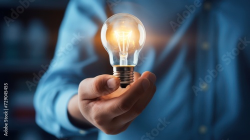 With a radiant light bulb in hand, the businessman embodies the concept of idea and innovation.